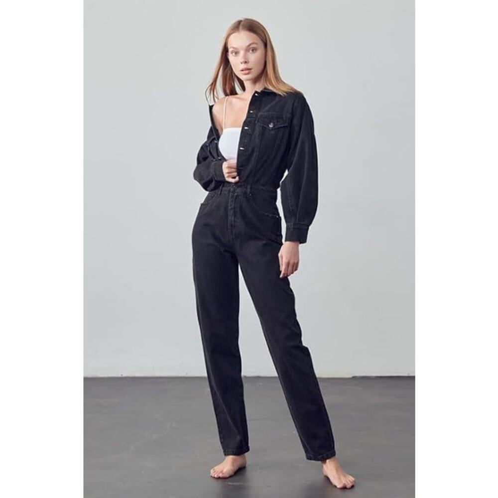INSANE GENE Balloon Sleeve Denim Jumpsuit Large Button Front Long Sleeve - Picture 2 of 5